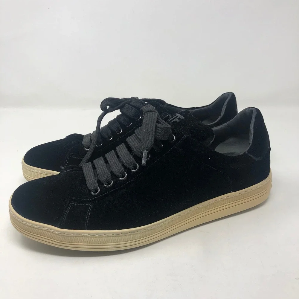 Tom‎ Ford Velvet Sneakers Mens 8 Black Low Top J0874T Made in Italy